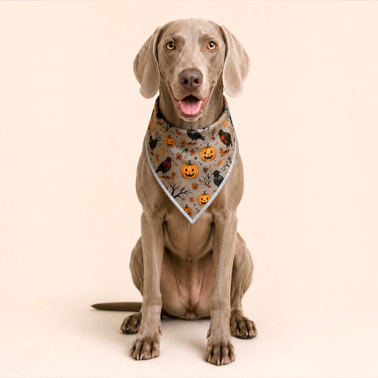 Weimaraner wearing the Raven Harvest adjustable Halloween dog bandana