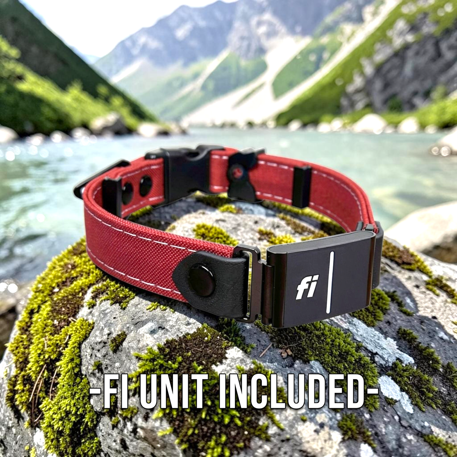 Red Rugged Fi-compatible dog collar with Fi GPS tracker included beside a mountain lake