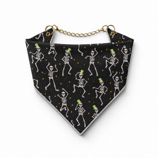 Adjustable Gold Chain Dog Bandana - Dancing Skeletons - hundhaus.dog