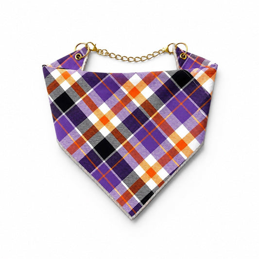 Adjustable Gold Chain Dog Bandana - Purple Halloween Plaid - hundhaus.dog