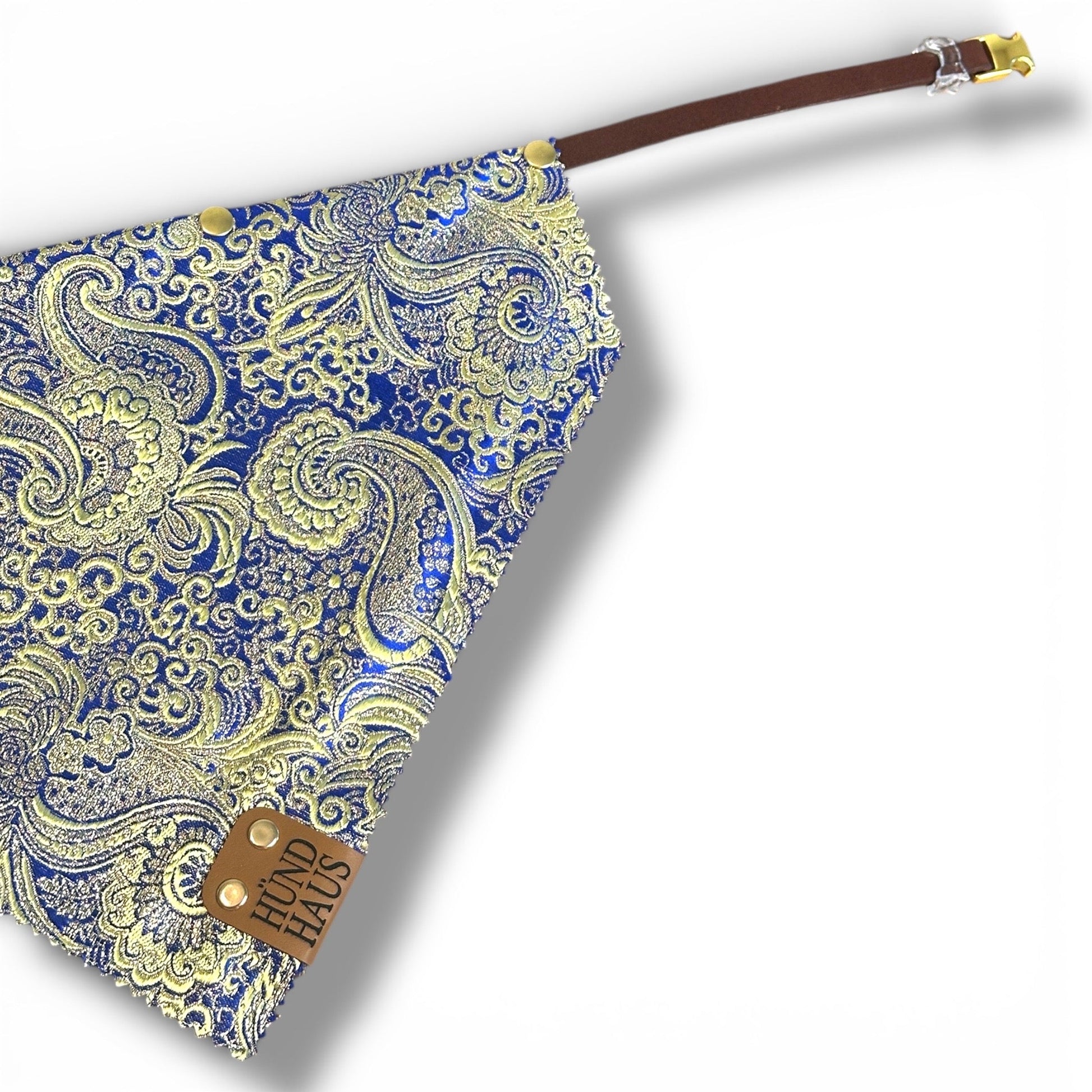 Adjustable Leather Strap Dog Bandana With Gold Hardware & Interchangeable Prints - hundhaus.dog