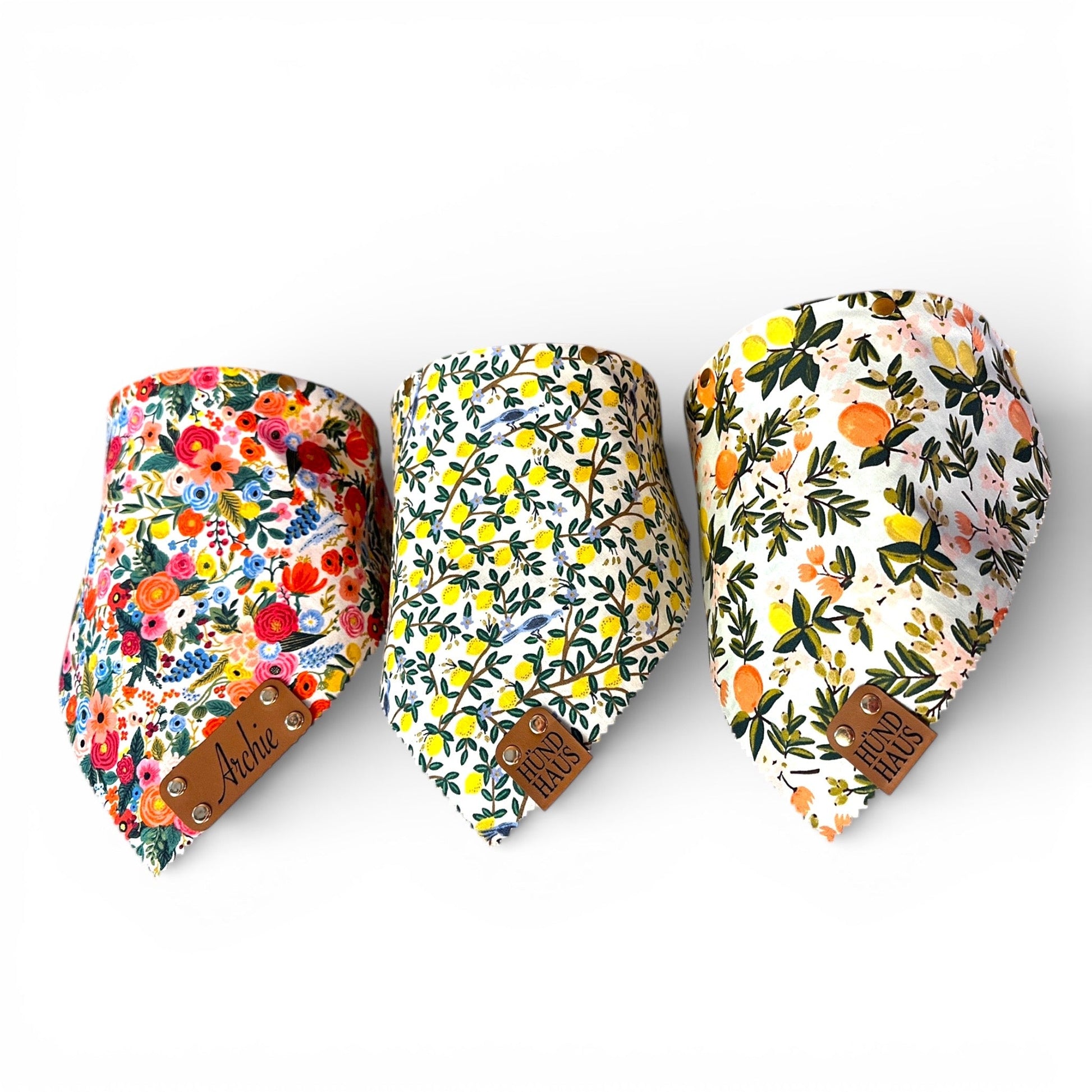 Adjustable Leather Strap Dog Bandana With Gold Hardware & Interchangeable Prints - hundhaus.dog