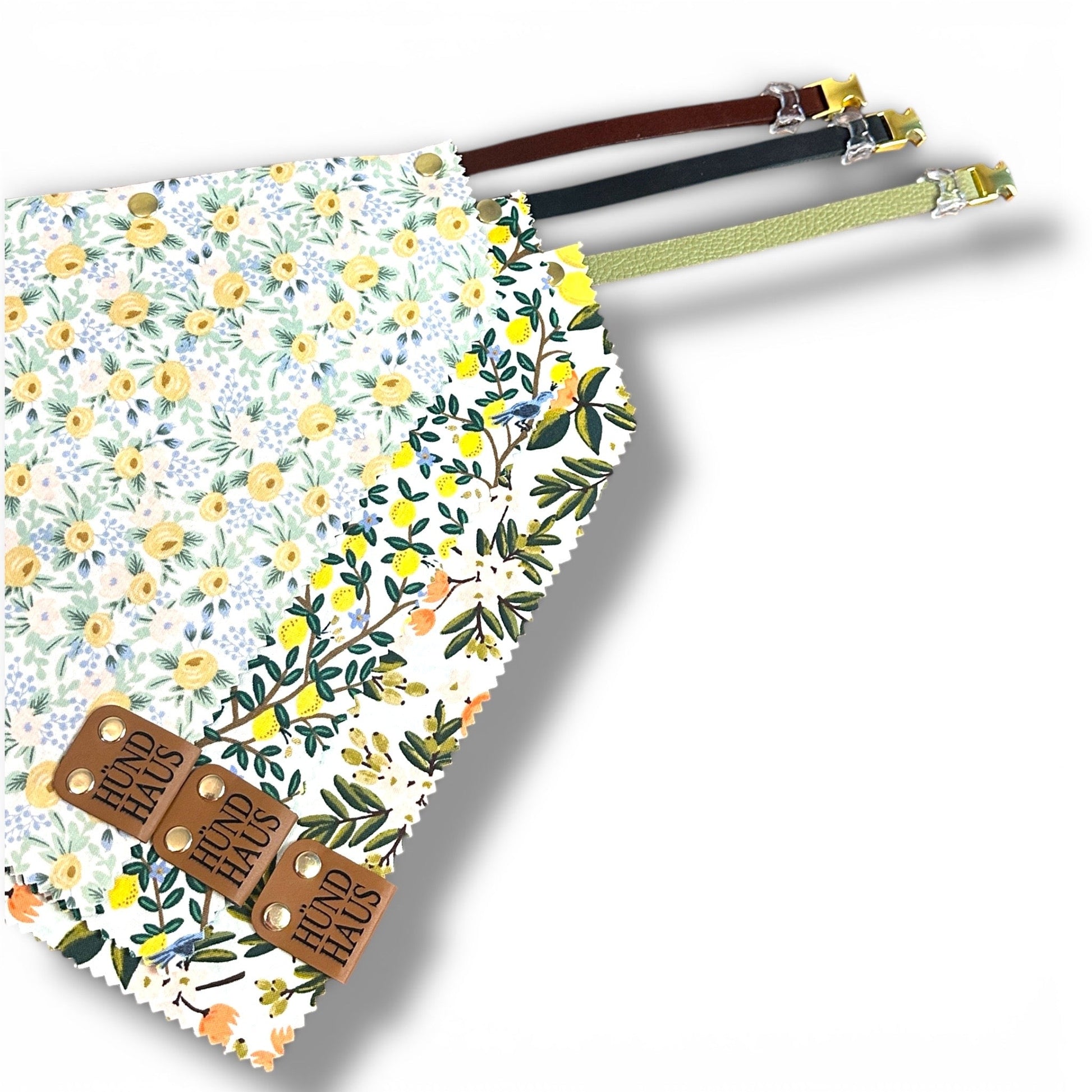 Adjustable Leather Strap Dog Bandana With Gold Hardware & Interchangeable Prints - hundhaus.dog