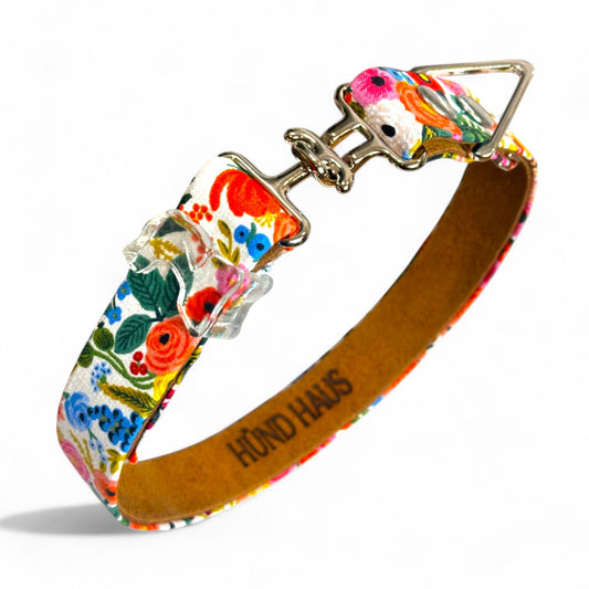 Garden Party Dog Collar – Handmade Dog Collar with Bright Rifle Paper Co. Floral Canvas - hundhaus.dog