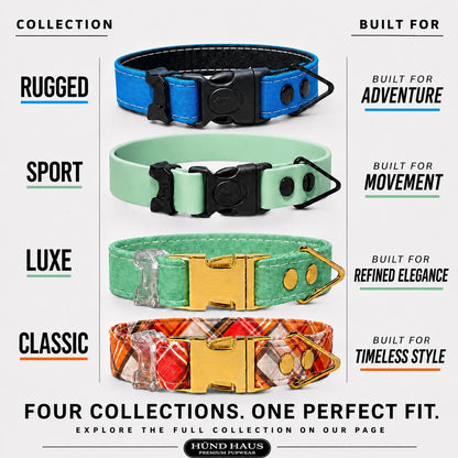 HÜND HAUS Rugged, Sport, Luxe, and Classic dog collar collection comparison