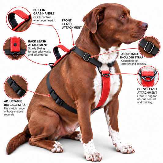 Summit dog harness shown on a brown-and-white dog, with labels for the grab handle, leash attachments, and adjustable shoulder and rib cage straps.