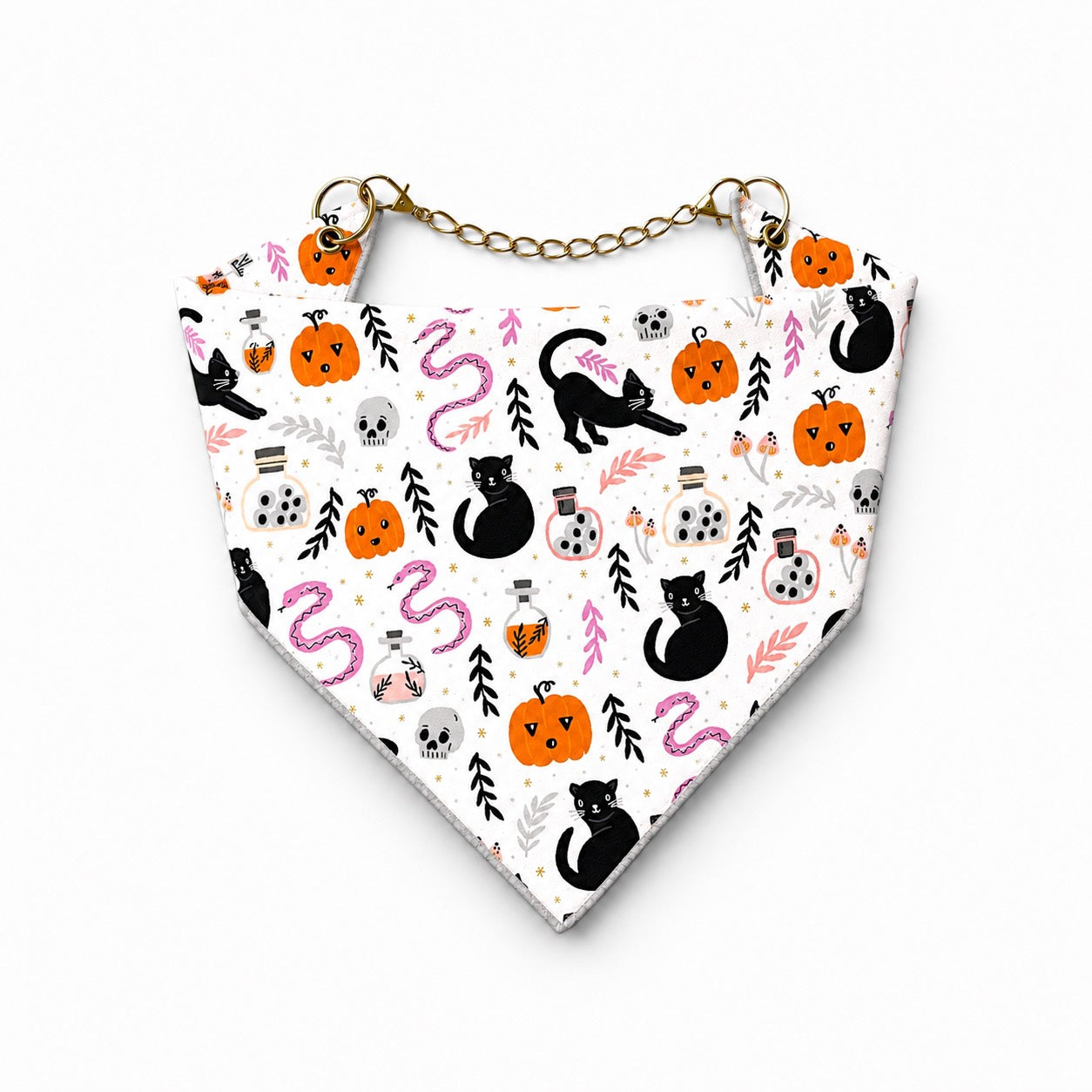Adjustable Strap Dog Bandana - Black Cat Potions with gold hardware - hundhaus.dog