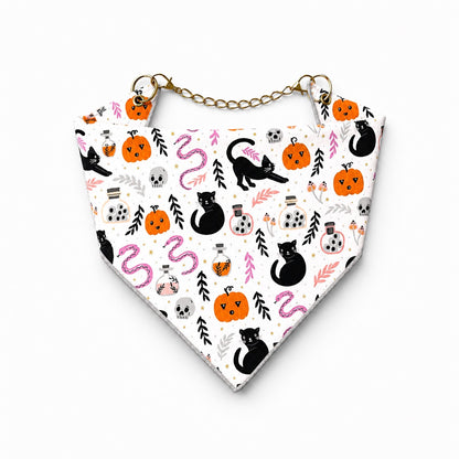 Adjustable Strap Dog Bandana - Black Cat Potions with gold hardware - hundhaus.dog