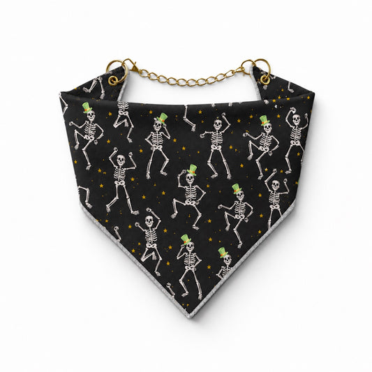 Adjustable Strap Dog Bandana - Dancing Skeletons with gold hardware - hundhaus.dog