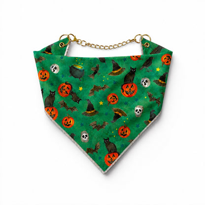Adjustable Strap Dog Bandana - Emerald Fright Night with gold hardware - hundhaus.dog