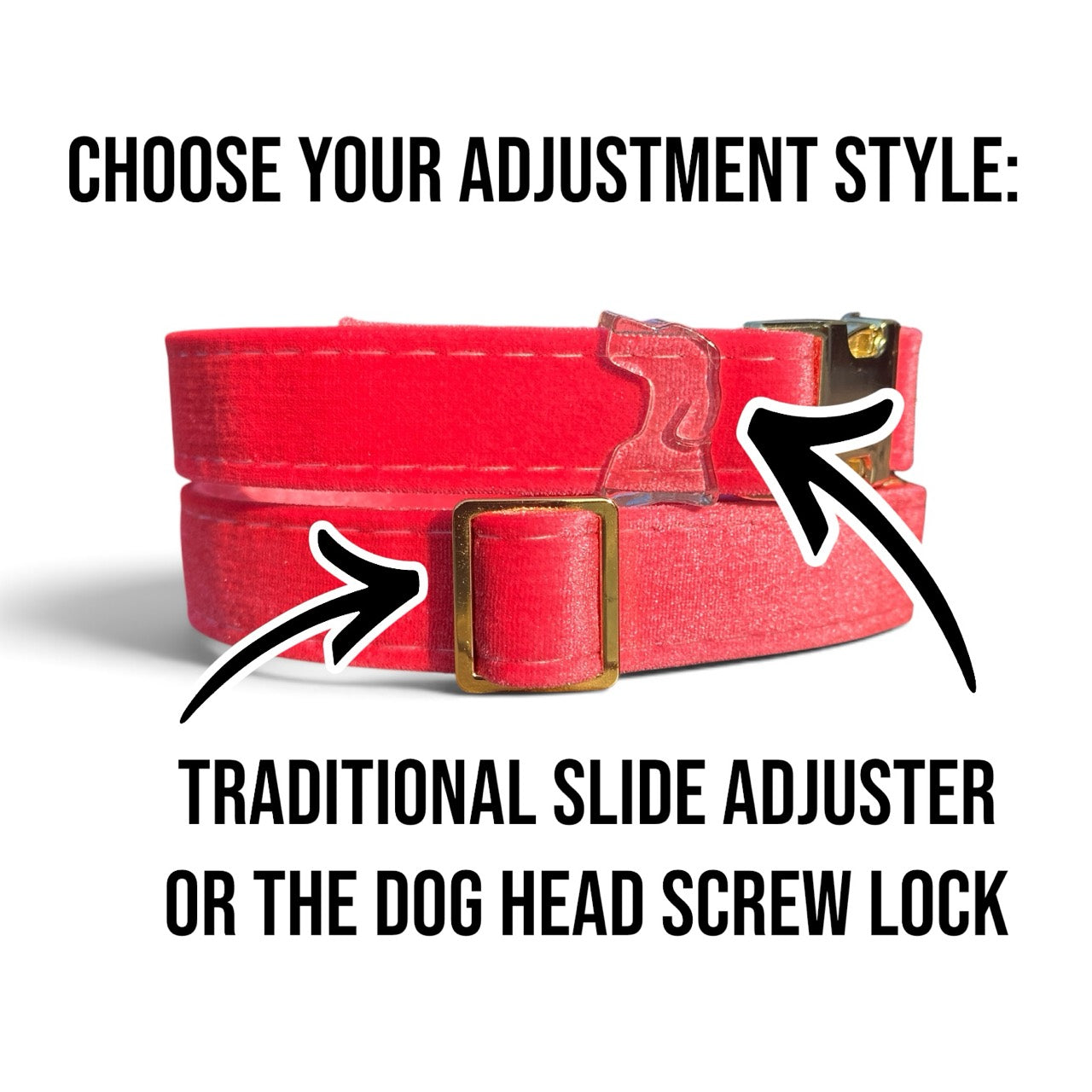 Luxe velvet dog collar adjuster style comparison: traditional slide adjuster or dog head screw lock