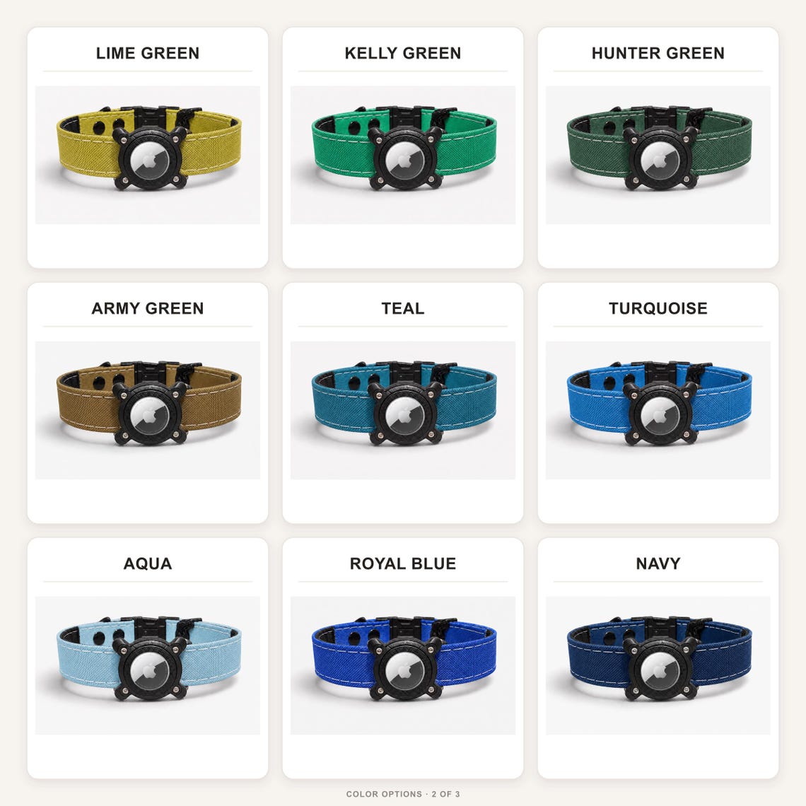 Rugged AirTag collar colors in greens, turquoise, aqua, royal blue, and navy