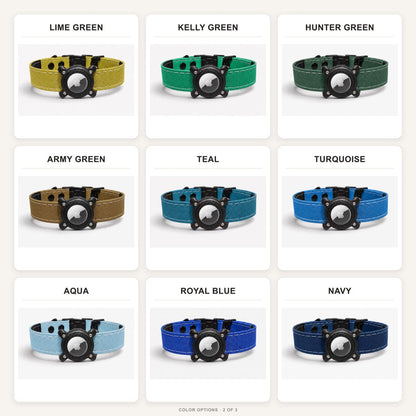 Rugged AirTag collar colors in greens, turquoise, aqua, royal blue, and navy
