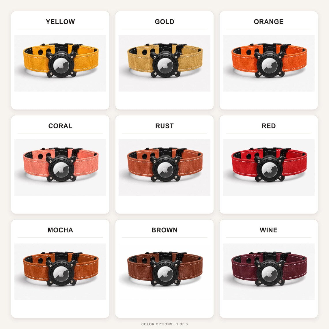 Rugged AirTag collar colors in yellow, orange, coral, red, brown, and wine