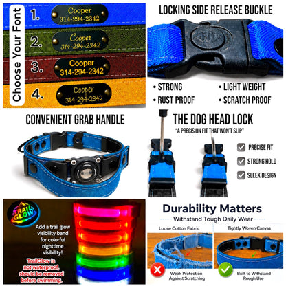 Rugged Waterproof AirTag Dog Collar feature details with Trail Glow swimming warning by HUND HAUS