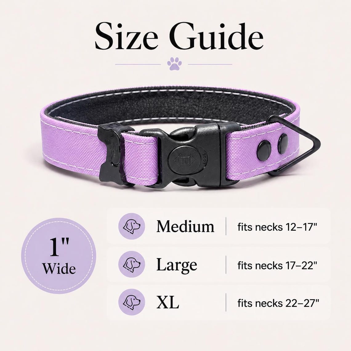 Lavender Rugged AirTag dog collar size guide for medium, large, and extra-large dogs