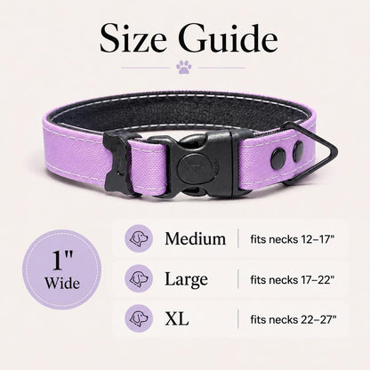 Lavender Rugged AirTag dog collar size guide for medium, large, and extra-large dogs