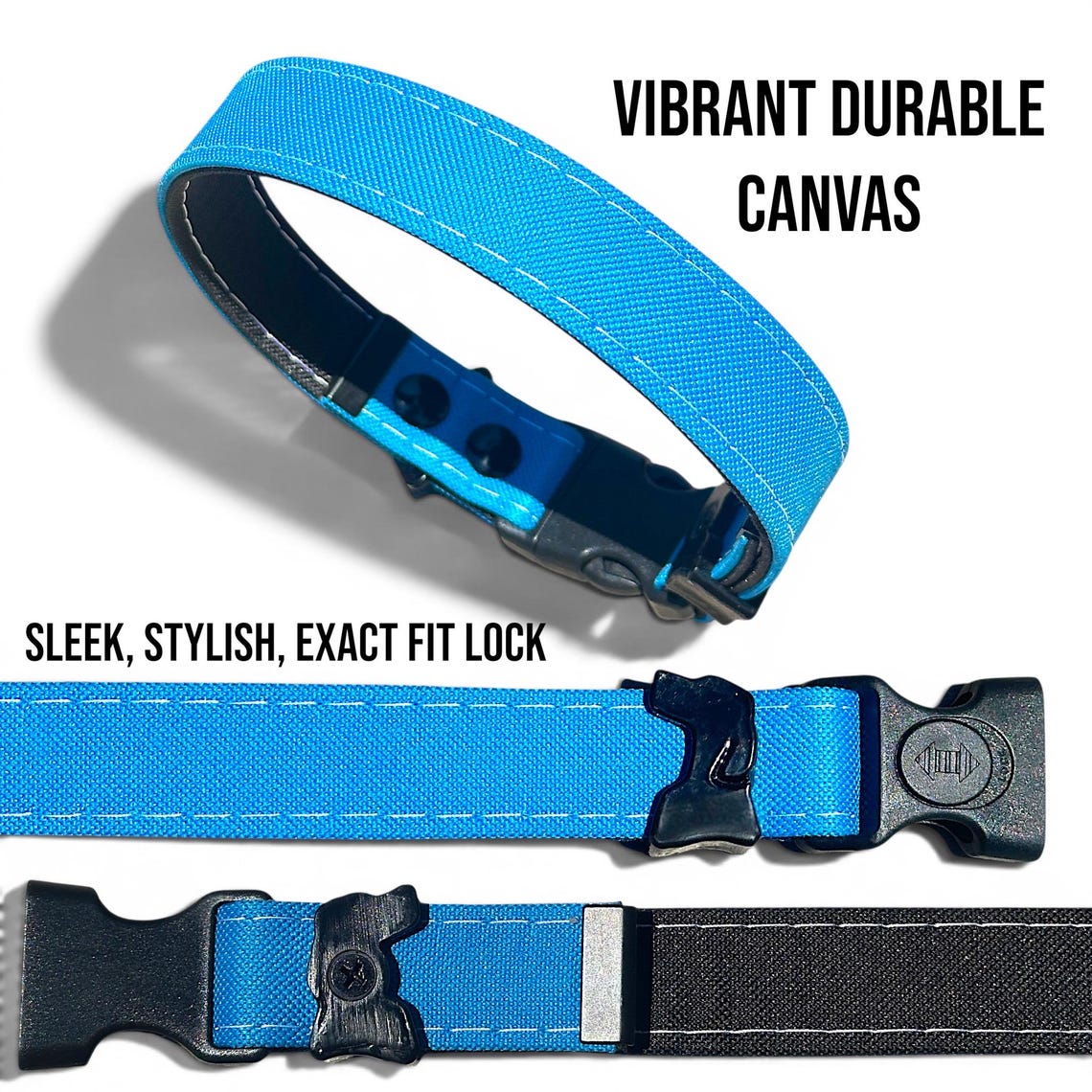 Blue Rugged AirTag dog collar with vibrant canvas and exact-fit lock