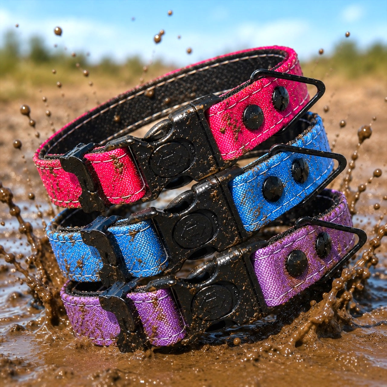 Rugged dog collars in mud showing waterproof durable construction