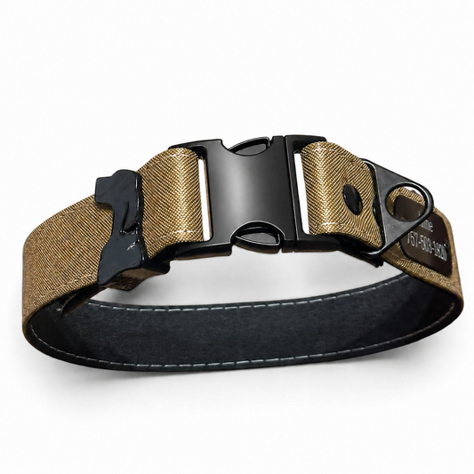 Rugged XL extra strong gold dog collar with a black buckle and padded liner