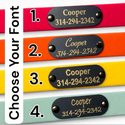 Sport AirTag dog collar engraving font options on four bright waterproof collars