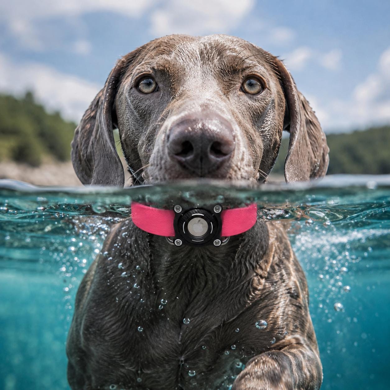 Dog swimming in a pink waterproof Sport collar with a secure built-in AirTag holder