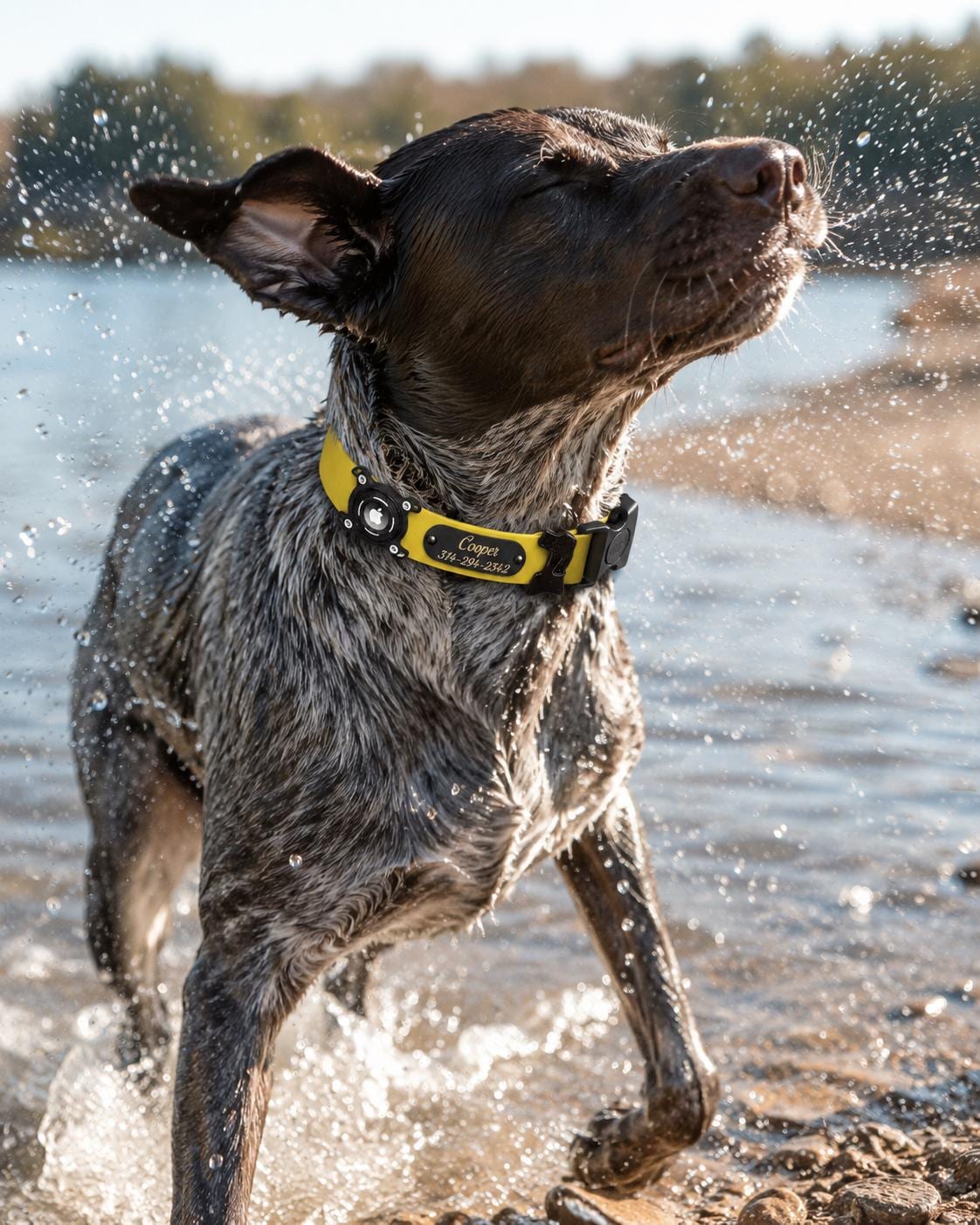 Yellow Sport AirTag dog collar on a wet dog with a secure built-in holder and engraved ID plate