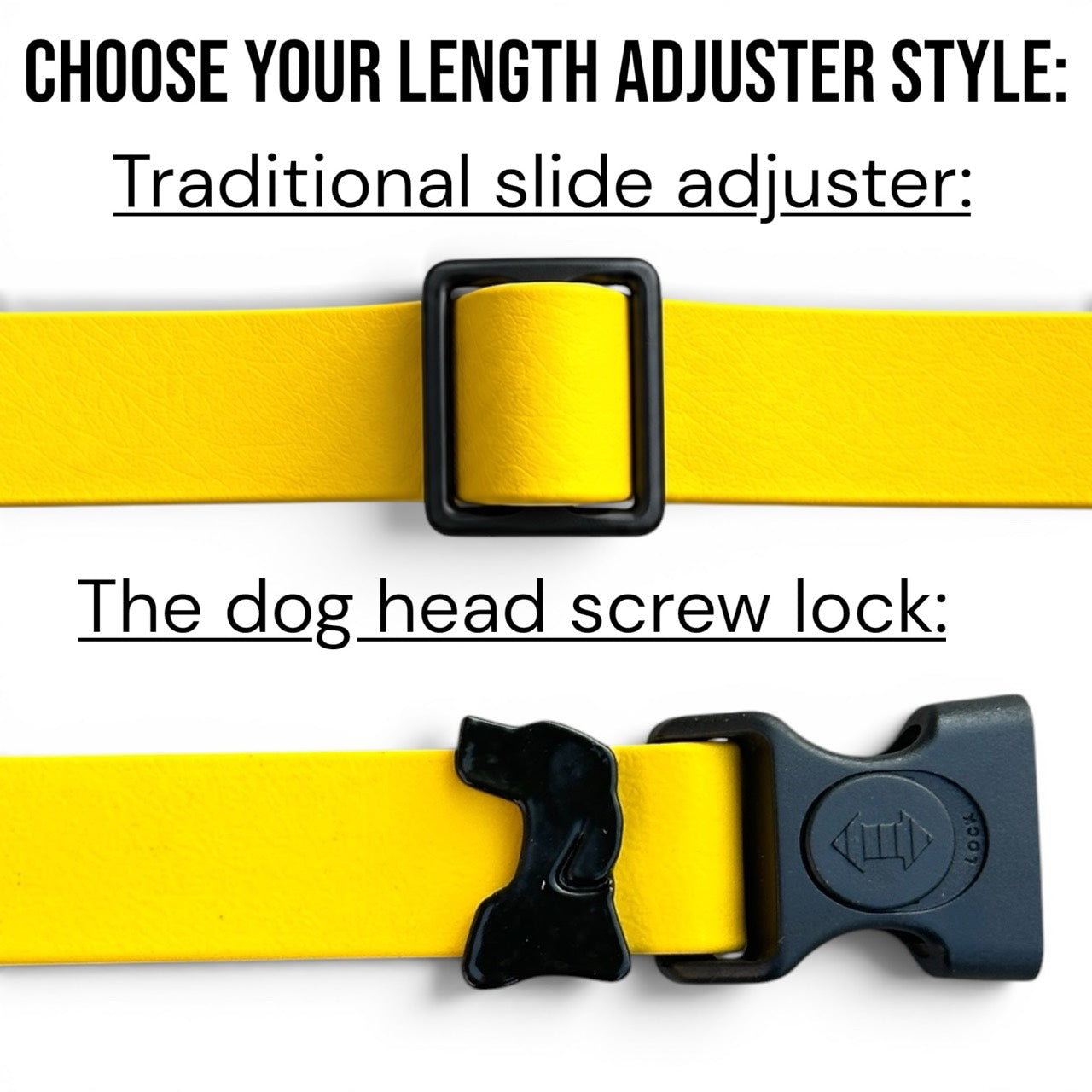 Sport waterproof dog collar adjuster style comparison: traditional slide adjuster or dog head screw lock