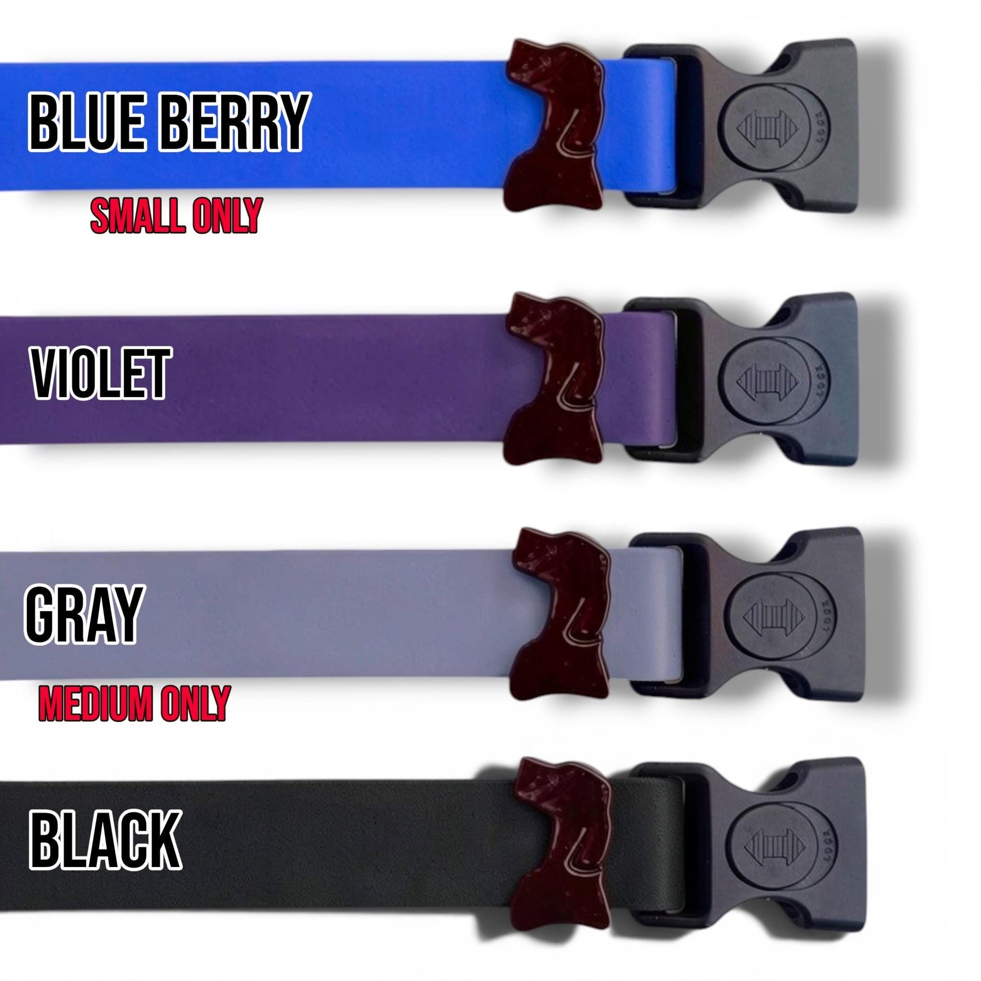 Sport waterproof dog collar colors in blueberry, violet, gray, and black