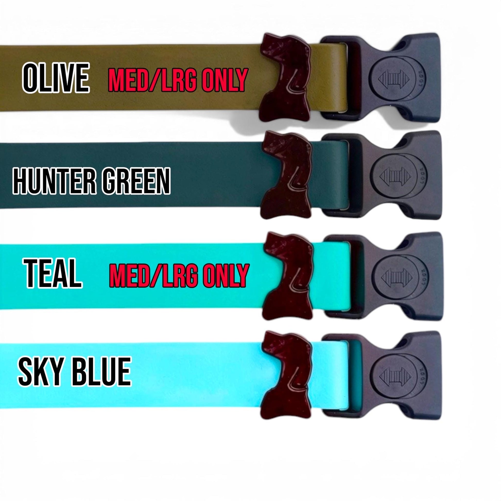 Sport waterproof dog collar colors in olive, hunter green, teal, and sky blue
