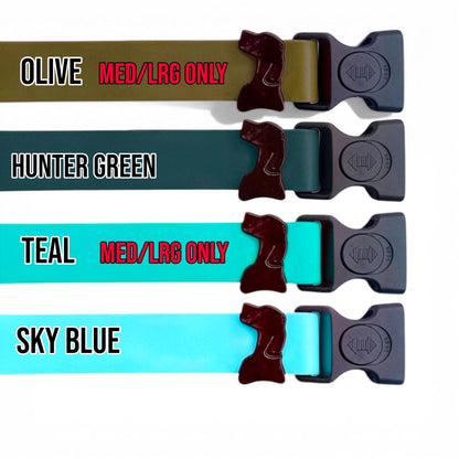 Sport waterproof dog collar colors in olive, hunter green, teal, and sky blue