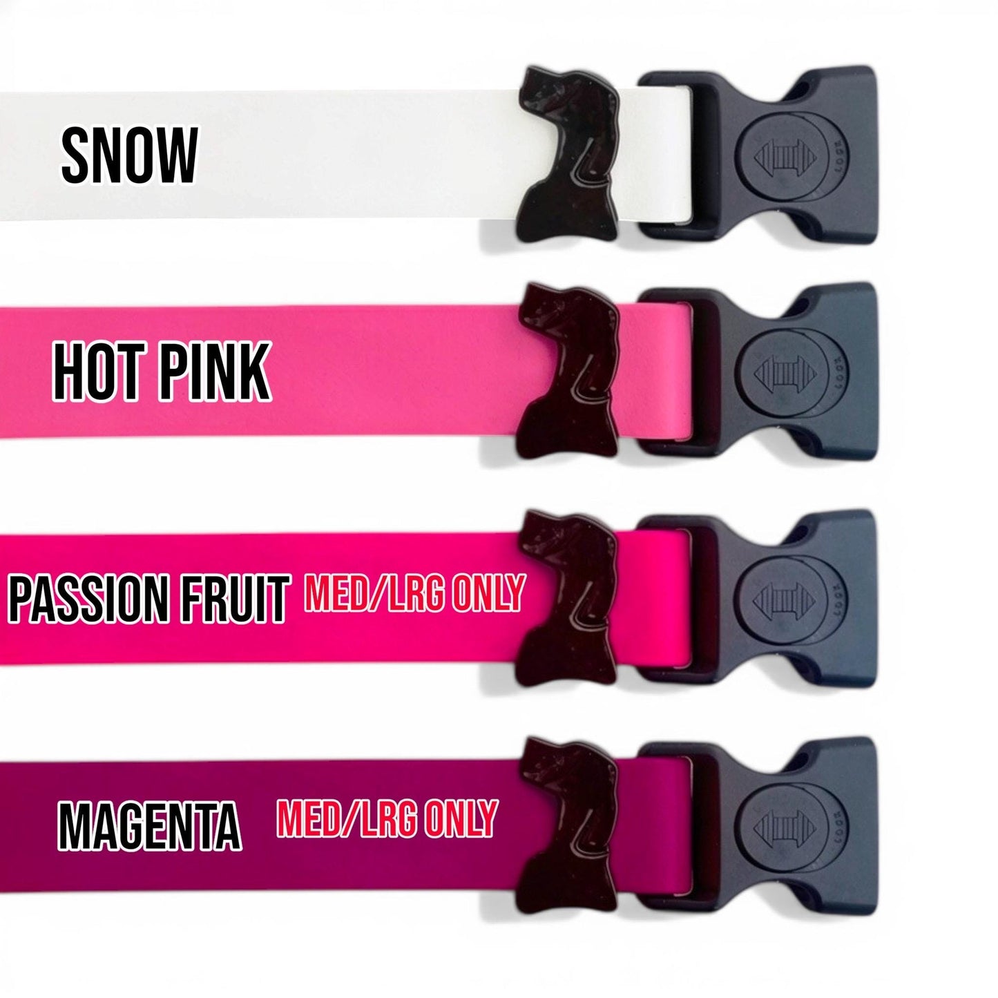 Sport waterproof dog collar colors in snow, hot pink, passion fruit, and magenta