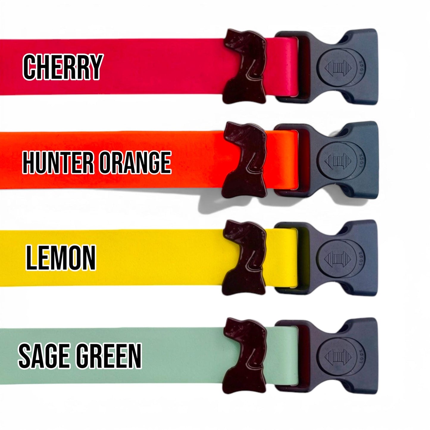 Sport waterproof dog collar colors in cherry, hunter orange, lemon, and sage green