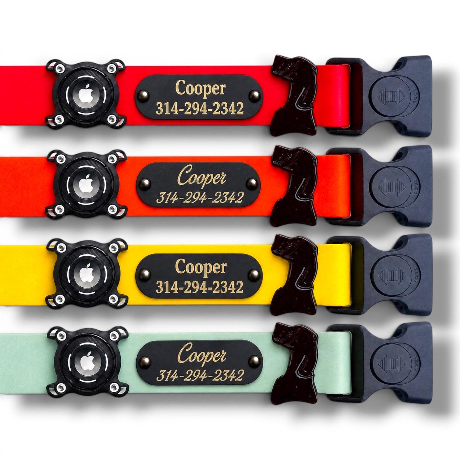 Four Sport waterproof AirTag dog collars in cherry, orange, yellow, and sage with engraved nameplates
