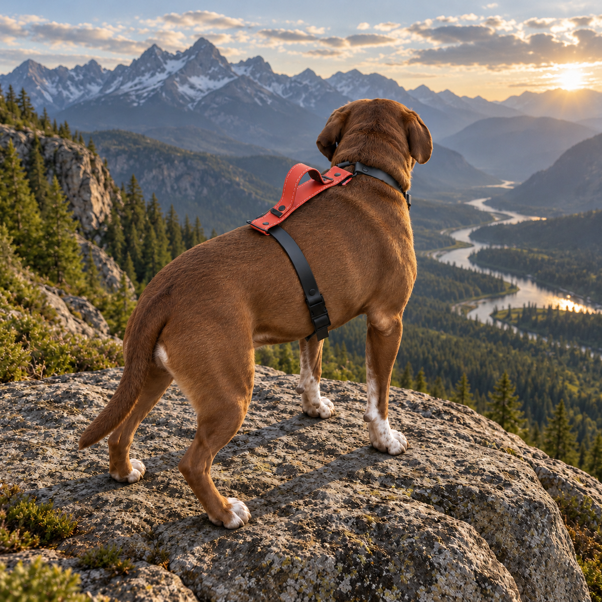 Dog wearing The Summit Dog Harness on a rocky mountain overlook above a sunlit forested valley.