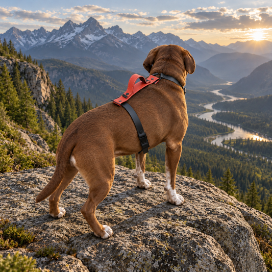 Dog wearing The Summit Dog Harness on a rocky mountain overlook above a sunlit forested valley.